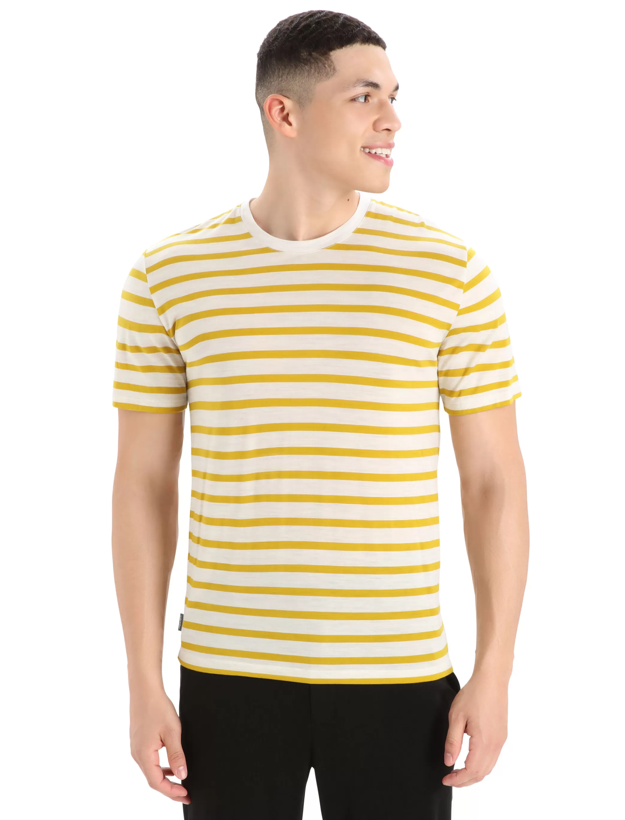 Best Sale icebreaker Men'S Merino Drayden Short Sleeve Tee Stripe Ecru Heather/Silent Gold